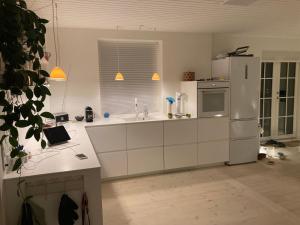赫尔辛格Stor lys lejlighed med terrasse og altan的厨房配有白色橱柜和冰箱。