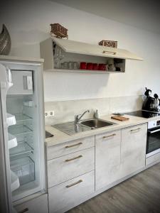 HepbachLUX Ferienwohnungen的白色的厨房配有水槽和冰箱