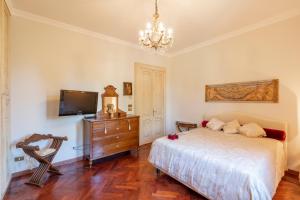 米拉Villa Liberty a soli 20km da Venezia的一间卧室配有一张床、一台电视和吊灯。