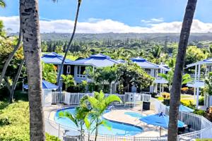 科纳Keauhou Paradise at Mauna Loa Village #10的享有带游泳池和棕榈树的度假村的景致