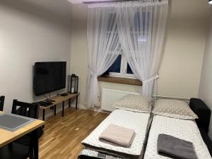 卢布林Apartament Zamkowy Stare Miasto的一间小卧室,配有床和窗户