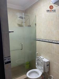 伊巴丹Dex & Flex Apartments的一间带卫生间和玻璃淋浴间的浴室