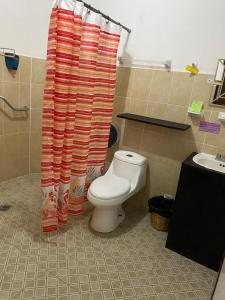 瓦哈卡市El Rincón de Doña Bety的一间带卫生间和淋浴帘的浴室