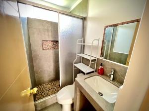 奥克萨潘帕Colina Haus, casa vacacional Oxa的带淋浴、盥洗盆和卫生间的浴室
