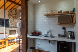维奥康德马奥Monte Mauá Chalés的厨房配有水槽和炉灶 顶部烤箱
