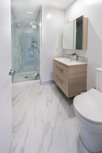 基督城The City's Best Kept Secret 2 bed 2 bath的白色的浴室设有卫生间和淋浴。
