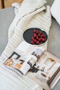 马尔肖HORAMI Villa - ORIGAMI Apartment mit Terrasse的一张书和一张沙发上的一碗红浆果