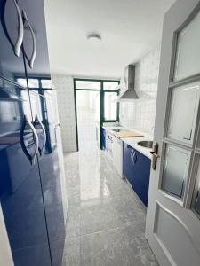 桑卢卡尔-德巴拉梅达Apartamento GUADALQUIVIR的厨房配有蓝色橱柜、窗户和门