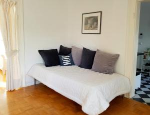 古梅尔斯巴赫Ferienwohnung Drei Lilien的客房内的白色沙发上配有枕头