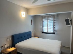 尼基季Nikiti Heart Luxury Villa的一间卧室配有一张带蓝色床头板的床和窗户