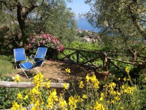 圣安格塔苏德格尔夫Antico Casale Ruoppo的两把蓝色椅子坐在鲜花盛开的花园中