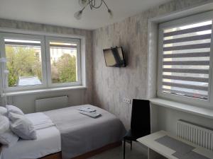 帕兰加Poilsis Palangoje pas Daivą的一间卧室配有一张床、一张书桌和两个窗户。