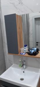 阿克托比Просторная однушка в центре города的浴室设有水槽、镜子和水槽