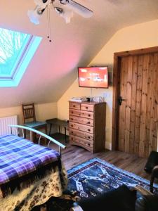巴利霍尼斯Rural retreat near Knock的一间卧室设有一张床、一台电视和一个窗口。