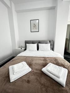 苏恰瓦Marvellous Aparthotel with Master Apartments Suceava的一间卧室配有一张大床,上面有两条白色毛巾