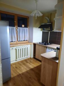 陶格夫匹尔斯Кандавас 9的厨房配有木制柜台和白色冰箱。