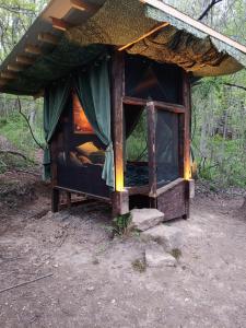 弗伦奇利克Lost River Hostel的树林帐篷里的一张小床
