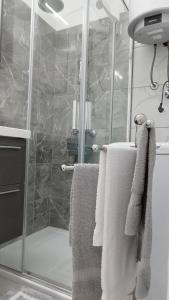 里耶卡Apolonija的带淋浴和白色毛巾的浴室