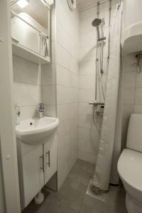 坦佩雷A Lovely apartment near Railway station and Arena.的白色的浴室设有水槽和淋浴。