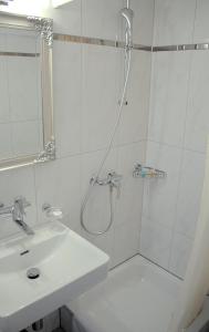 因特拉肯维赛斯克鲁兹酒店的带淋浴和盥洗盆的白色浴室