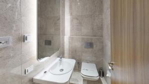 安卡拉Mimi Hotel Ankara的一间带水槽、卫生间和镜子的浴室