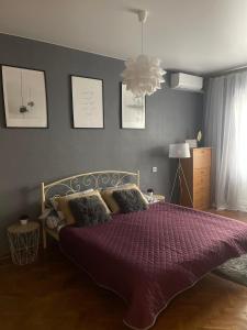 敖德萨Apartment for a pleasant stay的一间卧室配有一张大床和紫色棉被