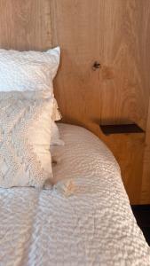 泽德尔海姆Vakantie plezier Vlaanderen的一张带枕头和木墙的白色床