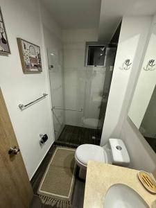 亚美尼亚New, cozy & stylish apartment的一间带卫生间和淋浴的小浴室