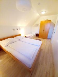 多尔尼莫拉瓦APARTMÁNY za SNĚŽNÍKEM的卧室配有一张白色的大床,铺有木地板