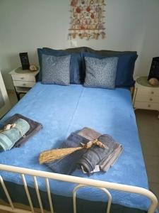 MetangítsionThe House in the Mulberries Trees的一张带蓝色床单的床和两张毛巾