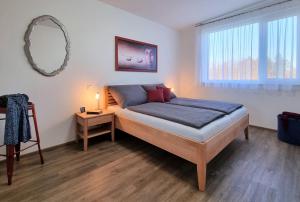 沃尔特湖畔韦尔登Ferienhaus DAS GLAB的卧室配有一张床,墙上设有镜子
