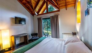 拉安戈斯图拉镇Arcano Casa Montaña的一间卧室设有一张带壁炉和窗户的床。