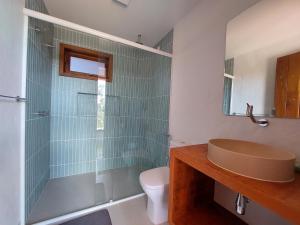 戈亚斯州上帕莱索Casa Prosperidade的带淋浴、盥洗盆和卫生间的浴室