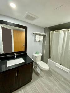 温莎Kenora Motel的一间带卫生间、水槽和镜子的浴室