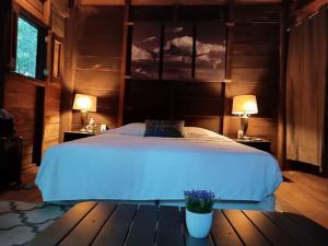 莫雷洛斯港Chéel lodge & Camping的卧室配有一张白色大床和两盏灯。