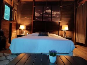 莫雷洛斯港Chéel lodge & Camping的一间卧室配有一张床和一张桌子上的两盏灯。