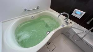大阪関空和風庭園豪邸的浴室设有装满绿水的浴缸