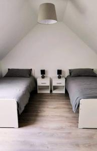 Castletown GheogheganSecluded Modern Guest House的一间卧室设有两张床和两个床头柜