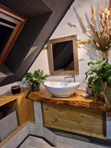 SambinLa Parenthèse的浴室设有水槽和镜子,位于柜台上