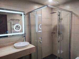 查克维Dreamland Oasis的一间带玻璃淋浴和水槽的浴室
