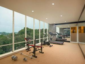 日惹阿拉纳日惹酒店与会议中心的一间健身房,内设几件运动器材,位于带窗户的房间
