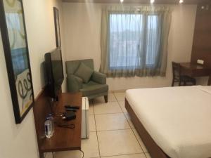 艾哈迈达巴德卡南酒店的一间卧室配有一张床、一把椅子和电视