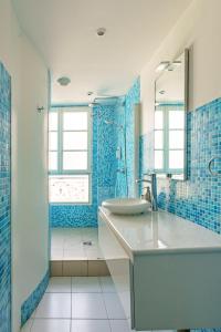 巴黎卢浮宫公寓 - 沼泽的蓝色的浴室设有水槽和镜子