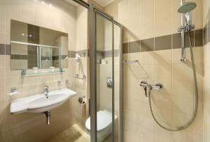科希策中心会议酒店的一间带水槽和淋浴的浴室
