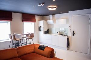 哈林亨"DE BANK" - Hotel Apartments的带沙发的客厅和厨房