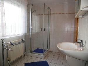 特拉森海德Ferienwohnung Heimann的带淋浴、浴缸和盥洗盆的浴室