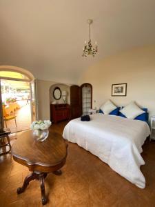 卡普里Sea View con terrazza e giardino的卧室配有一张白色的大床和一张桌子