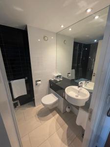 曼彻斯特快捷曼切斯特市中心假日酒店的一间带水槽、卫生间和镜子的浴室