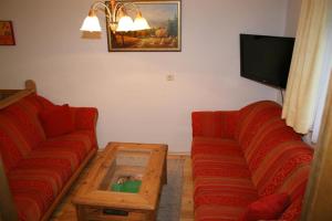 霍赫菲尔岑Ferienwohnungen Foidlhof的客厅配有2张红色沙发和1张咖啡桌