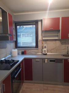 萨拉热窝Džoni的厨房配有红色橱柜和炉灶烤箱